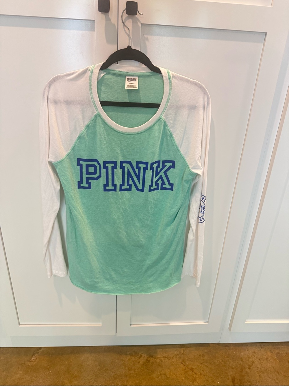PINK Victoria's Secret Mint & White Raglan Tee with Blue Logo